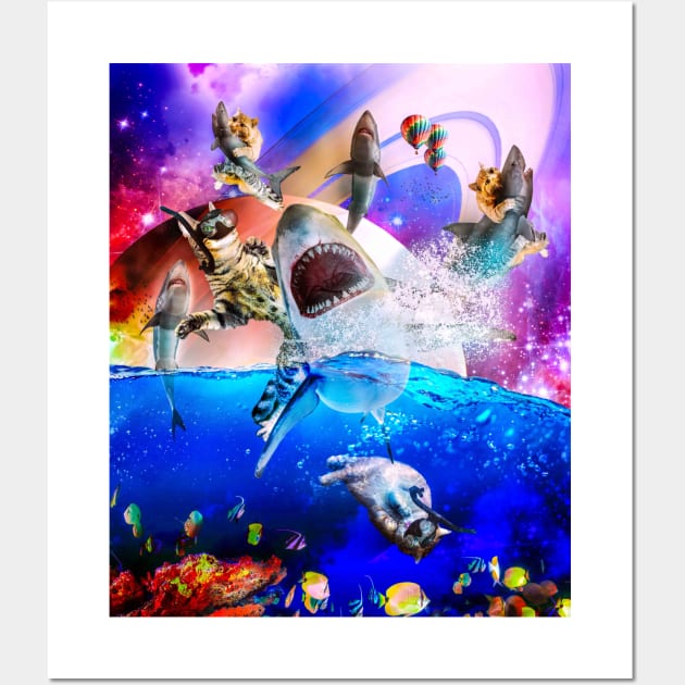 Rainbow Galaxy Cat Riding Shark In Space Wall Art by Random Galaxy